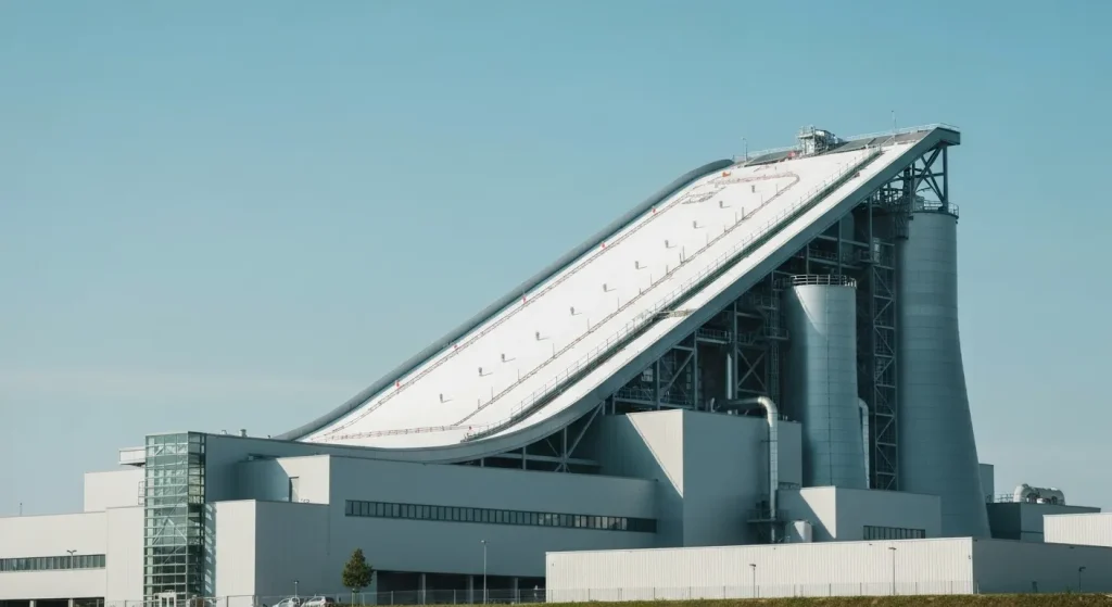 Imagine cu o centrală modernă de incinerare a deșeurilor, cu o pârtie de schi pe acoperiș.