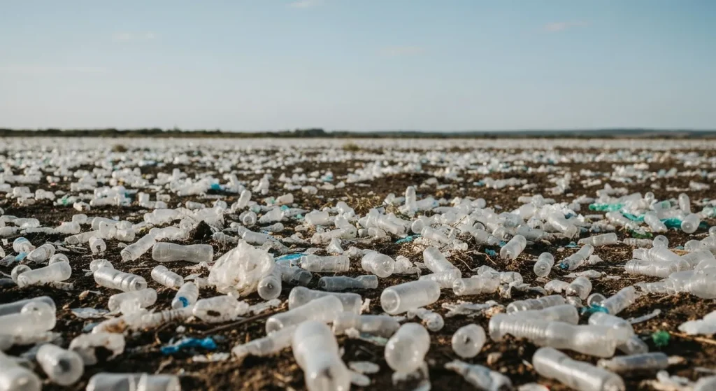 O imagine care prezintă poluarea plasticului în mediu, de la extracția materiilor prime până la degradarea sa finală, evidențiind impactul asupra sănătății umane.