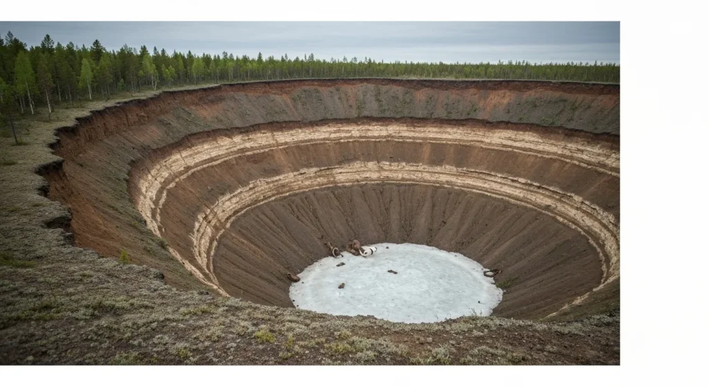 Craterul Batagaika din Siberia, cu pereți abrupți, expunând straturi de sol și vegetație antică.