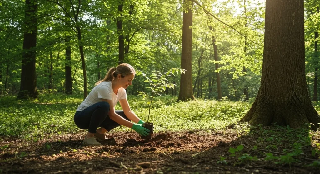 O femeie plantează un puiet într-o zonă împădurită, cu copaci maturi în jur.
