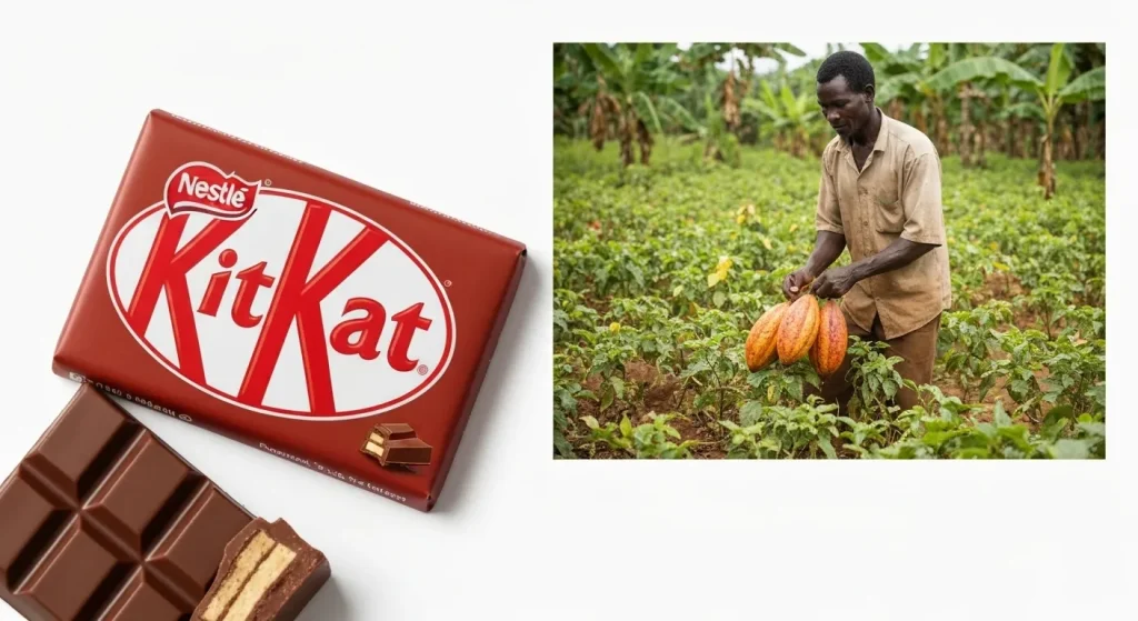 O comparație între un baton de ciocolată KitKat și un fermier de cacao din Africa de Vest, ilustrând discrepanța dintre prețul de vânzare și venitul producătorului.
