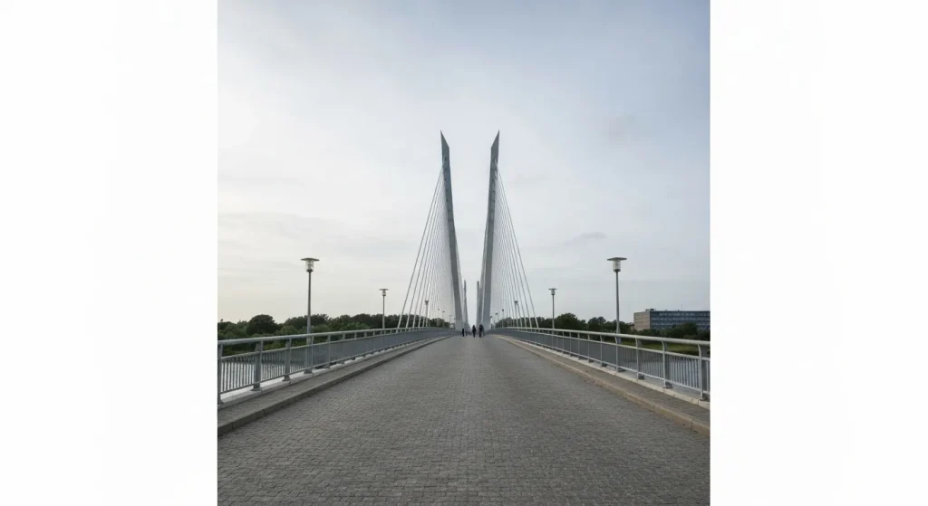 Pod lung și elegant pentru biciclete și pietoni din Copenhaga, cu două brațe care nu se aliniază perfect.