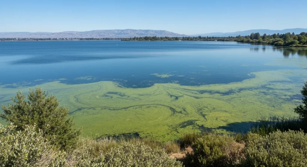 Lacul Clear din California, cu apă verde-albastră afectată de înflorirea algelor și contaminarea cu mercur.