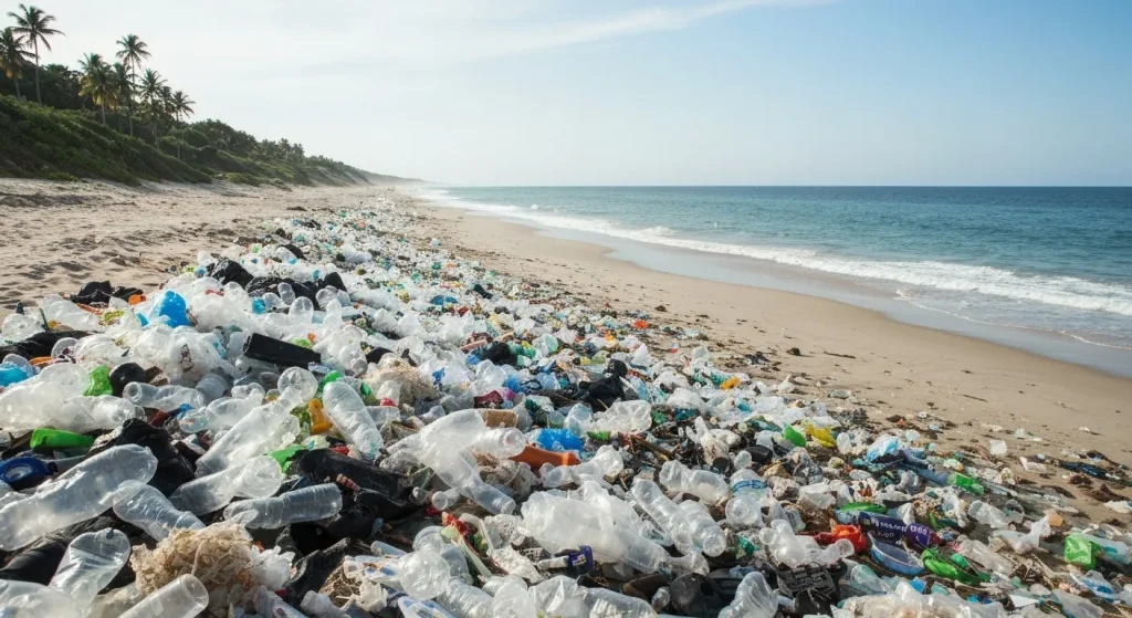 O fotografie a unei plaje acoperite cu deșeuri de plastic, contrastând cu o secțiune curată a plajei în fundal.