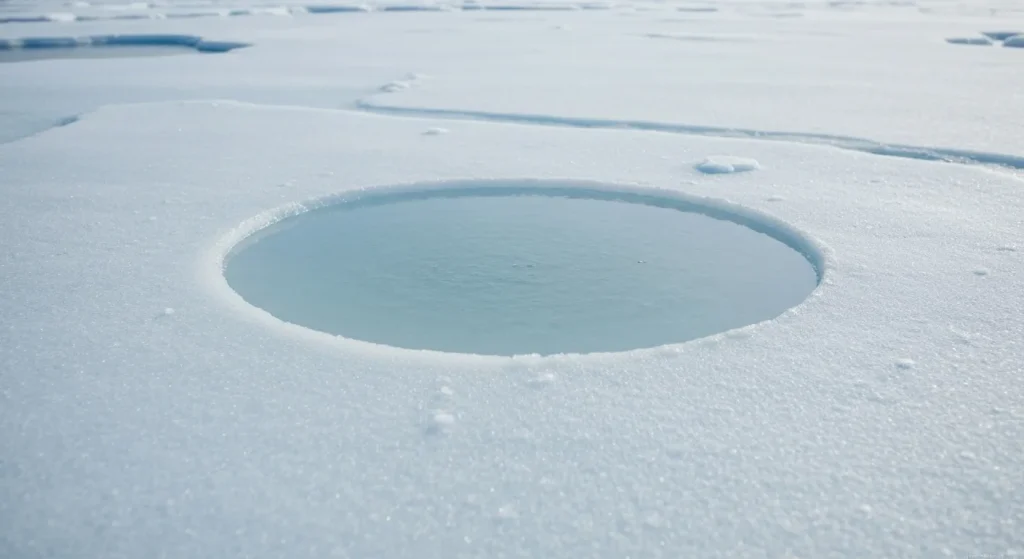 Un lac superficial format pe gheața arctică la Polul Nord, demonstrând efectele topirii gheții.