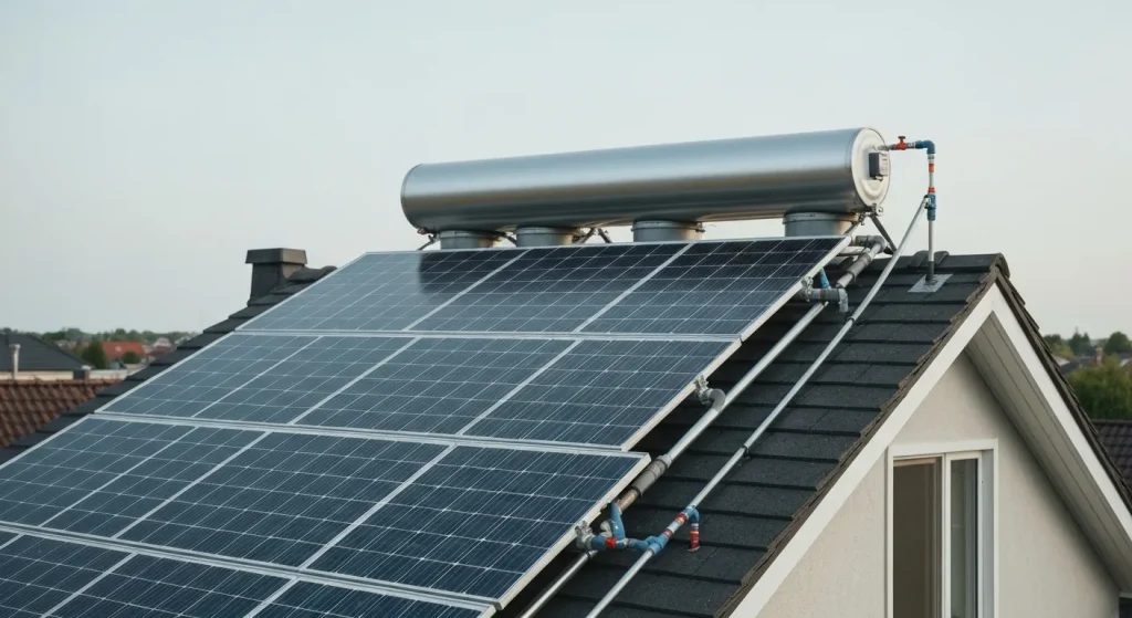 Panouri solare pe un acoperiș conectate la un rezervor de apă caldă prin intermediul unei pompe de căldură.