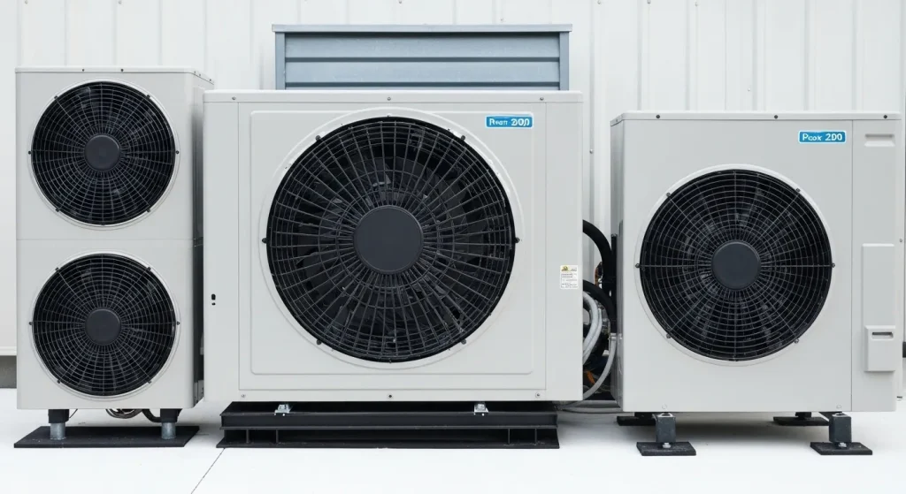 Pompă de căldură exterioară cu design compact, ventilator cu palete în formă de aripi de bufniță și carcasă izolată fonic.