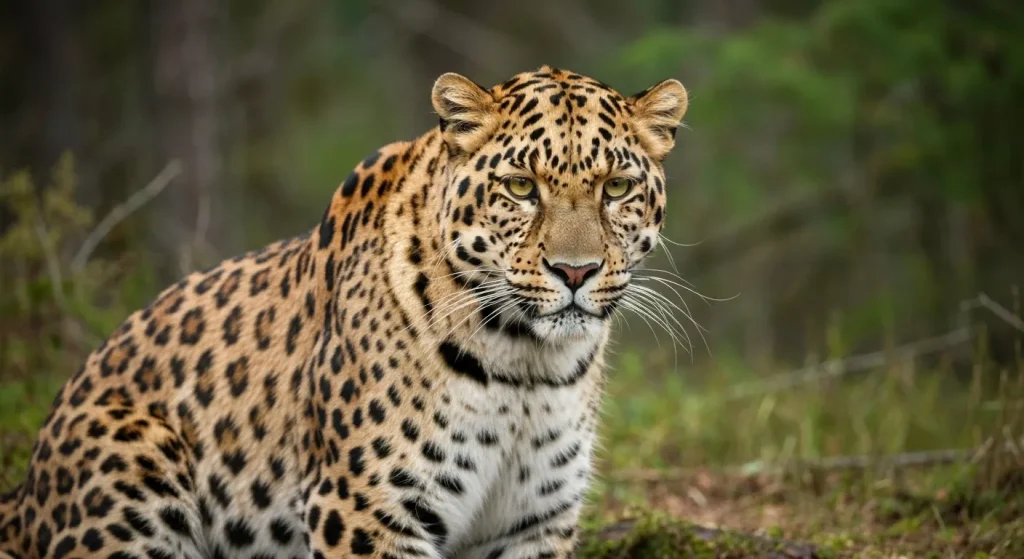 Un leopard de Amur în habitatul său natural, fotografiat cu o cameră trap.