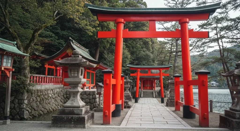 Poartă torii roșie, tradițională japoneză, la intrarea unui altar shinto, cu peisaj înconjurător.