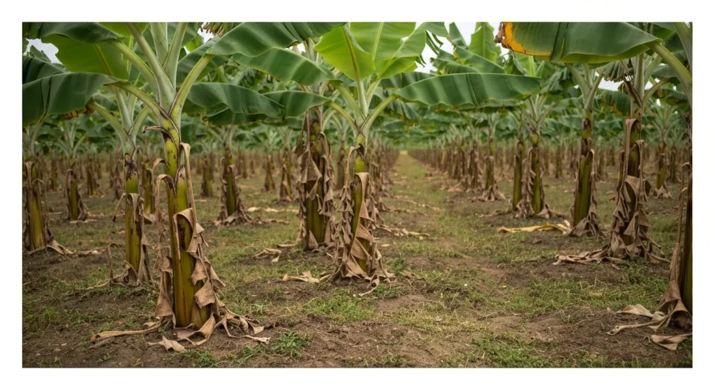 O plantație de banane afectată de ciuperca Fusarium oxysporum f.
