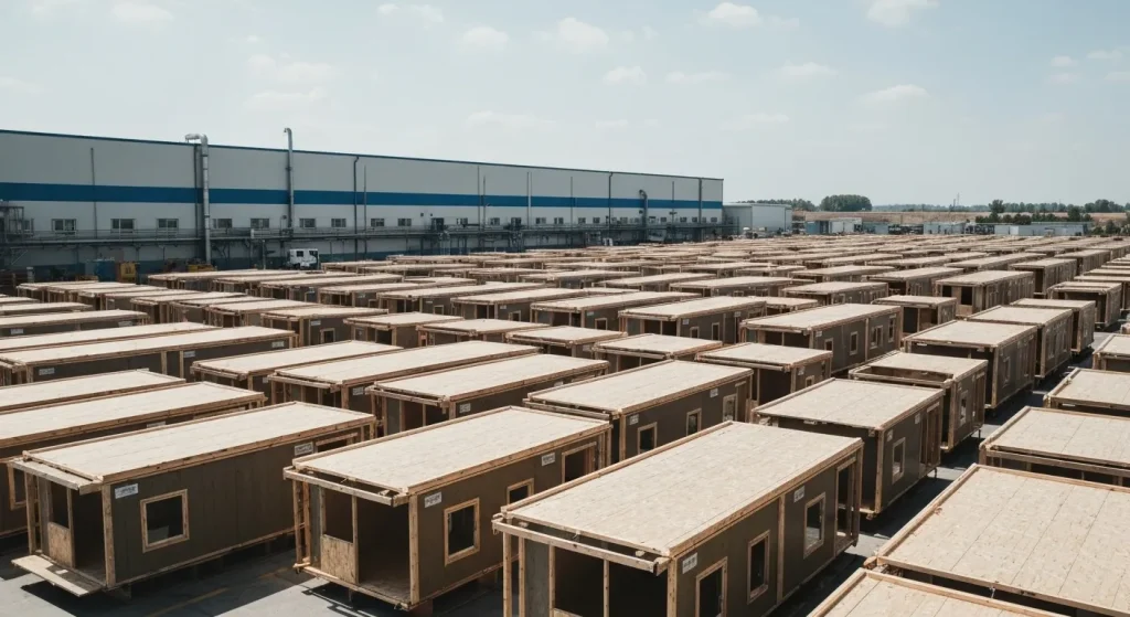 O fabrică modernă de construcții prefabricate produce secțiuni modulare de locuințe multifamiliale, cu izolație vizibilă și cabluri.