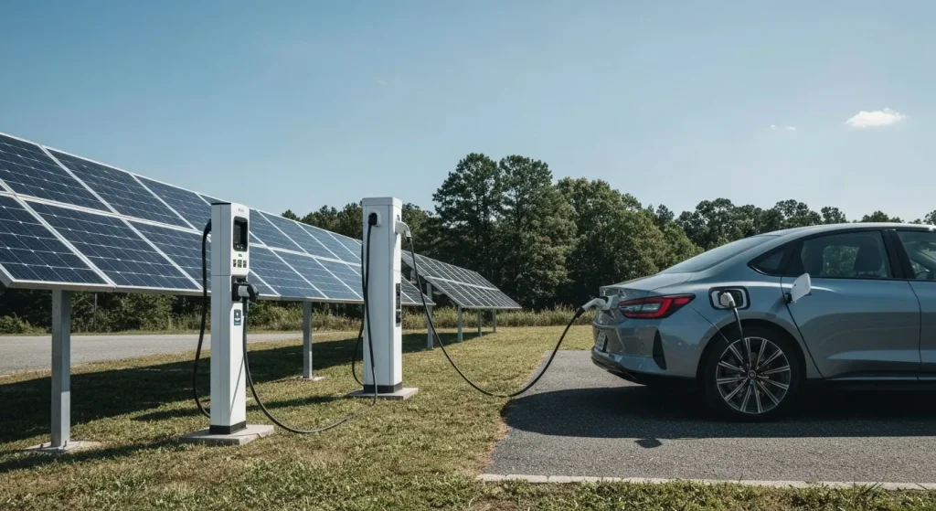 O mașină electrică parcată lângă panouri solare, conectată la o stație de încărcare.