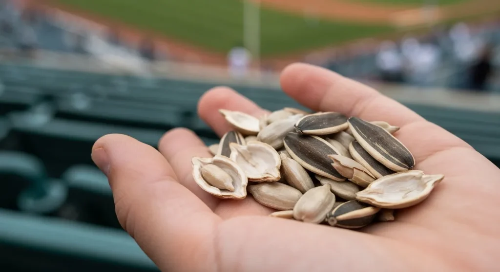 O mână de semințe de floarea-soarelui în coajă, unele crăpate, pe fundalul vag al unui stadion de baseball.