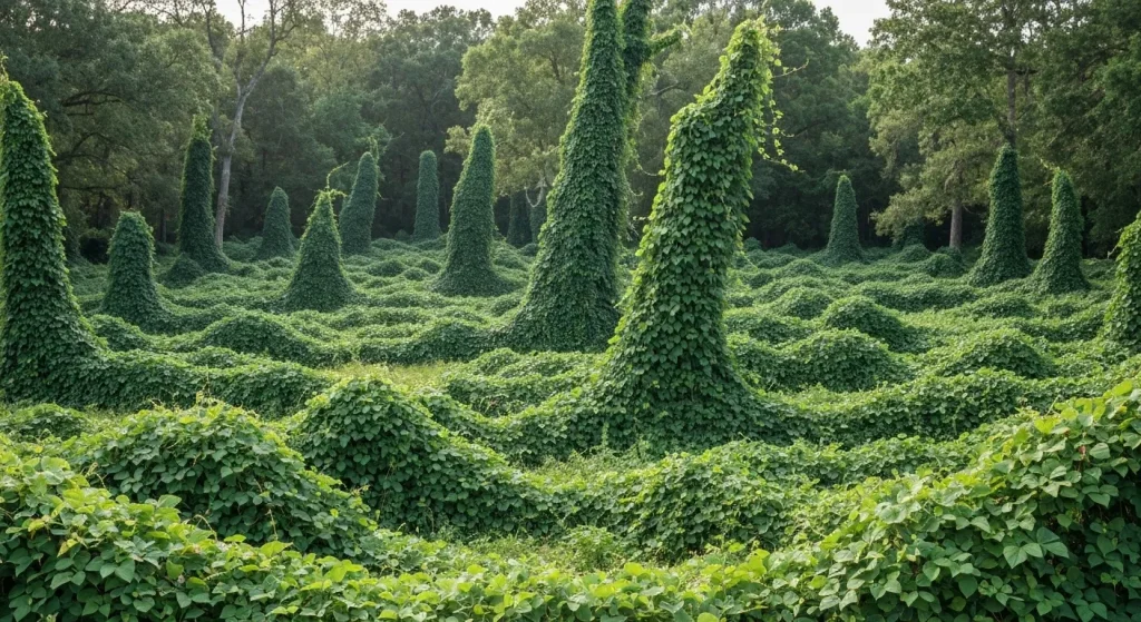 O imagine cu o masă densă de viță de kudzu acoperind copaci și alte plante.