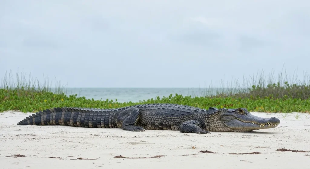 Un aligator pe o plajă, înconjurat de vegetație de coastă.