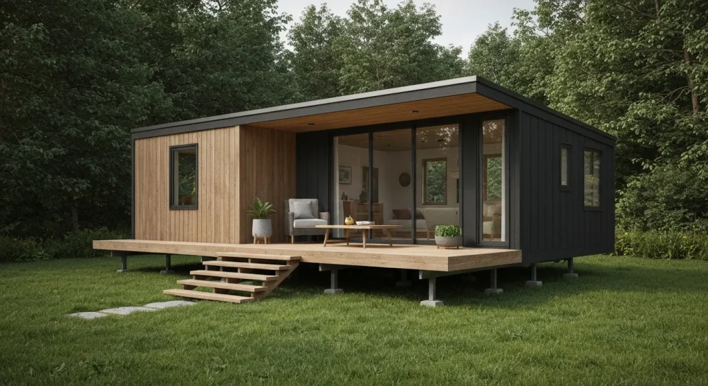 O casă modernă, prefabricată, cu design ecologic și linii curate.