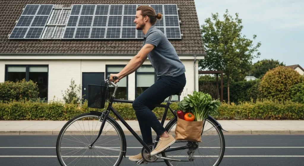O imagine care ilustrează un stil de viață minimalist, cu accent pe transportul cu bicicleta, alimente vegetariene și o casă eficientă energetic.