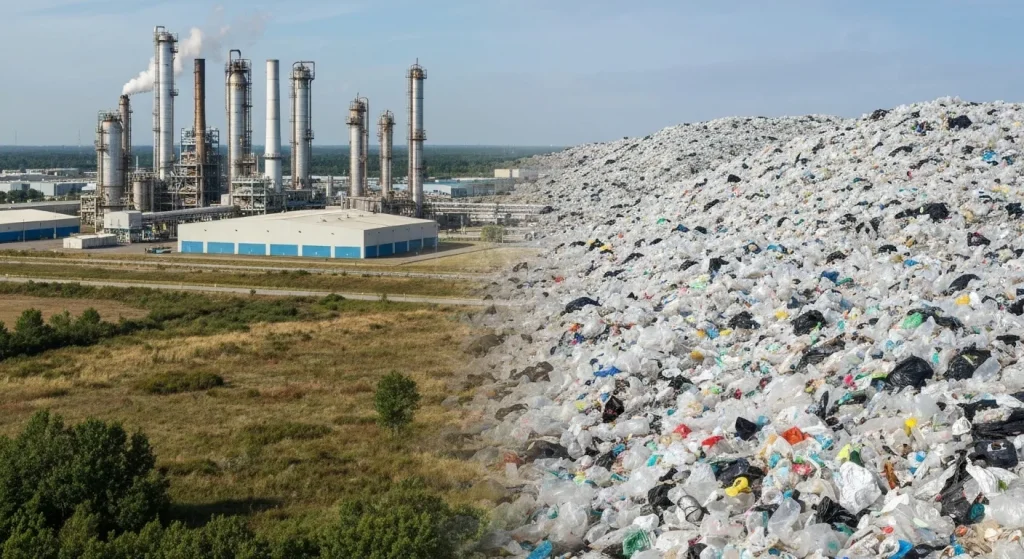O imagine care prezintă o fabrică petrochimică mare și o groapă de gunoi plină cu deșeuri de plastic.