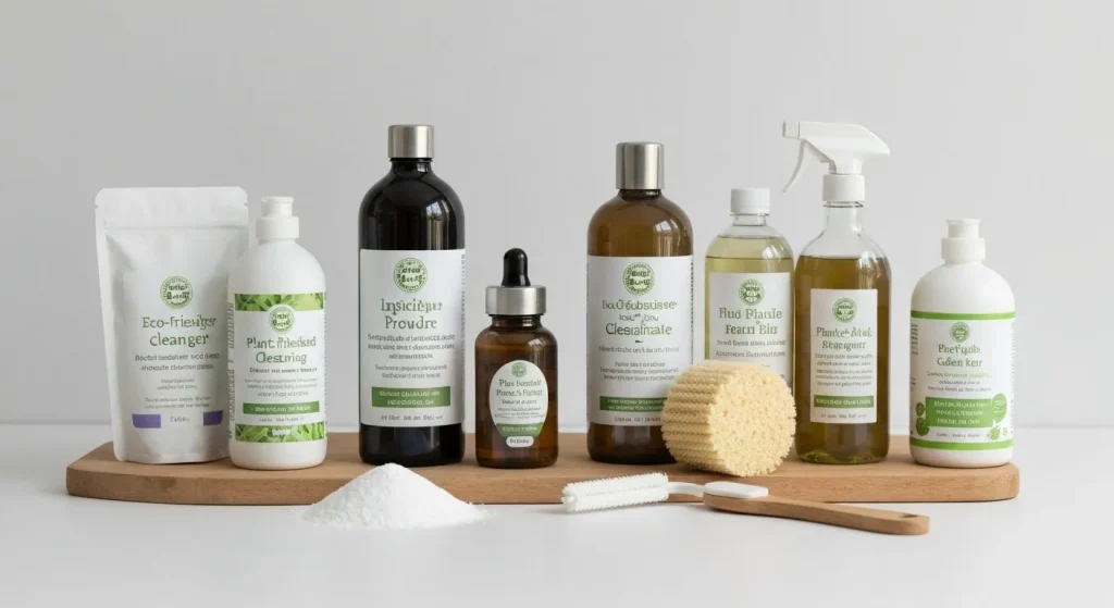 Diverse produse ecologice de curățenie, inclusiv pulberi, concentrate și unelte biodegradabile, expuse pe o suprafață curată.
