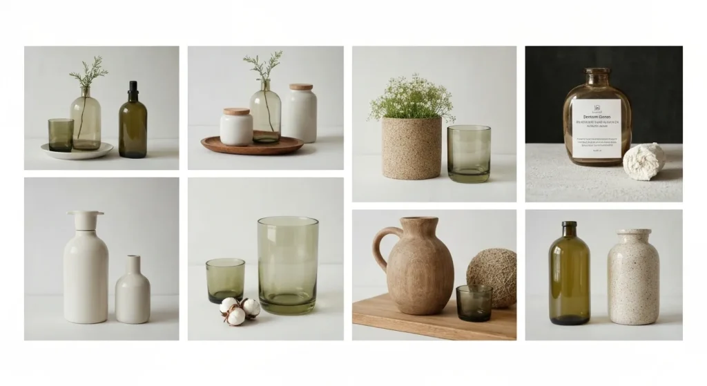 Diverse produse de design interior, fabricate din materiale reciclate și ecologice, aranjate pe o suprafață neutră.