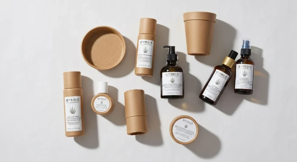 Produse cosmetice eco-friendly cu ambalaje sustenabile, din materiale reciclate și recipiente reîncărcabile.