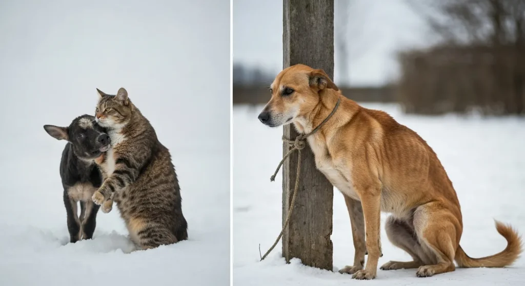 Un câine slab, legat afară în zăpadă, pare neglijat și înfometat.