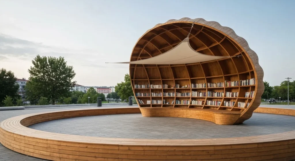 O bibliotecă publică exterioară în formă de scoică, construită din lemn, cu rafturi deschise pline de cărți.