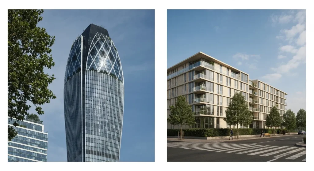 O ilustrație comparativă între un zgârie-nori modern, înalt și opulent, și o clădire mai mică, simplă și sustenabilă.