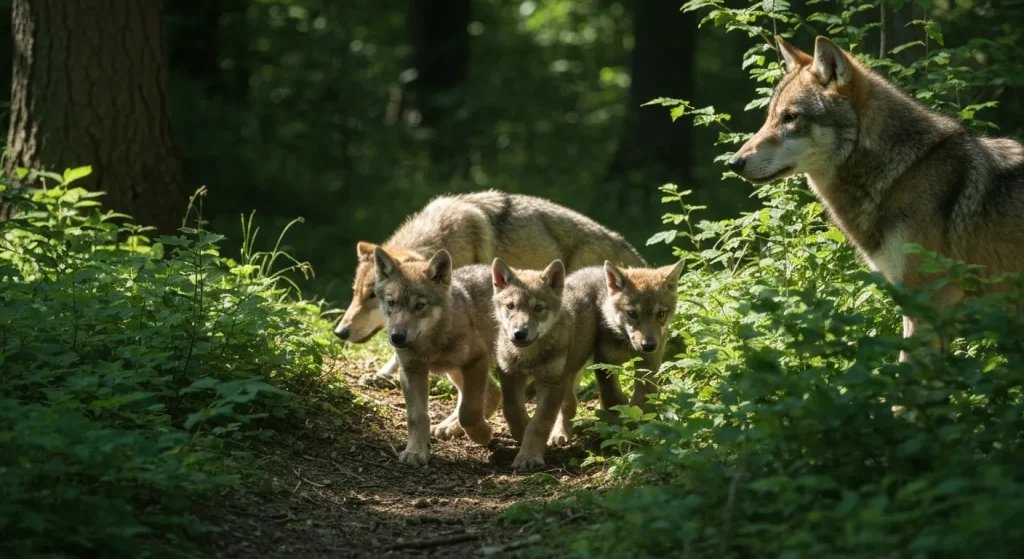 Trei pui de lup jucându-se în pădure, cu părinții lor în apropiere.