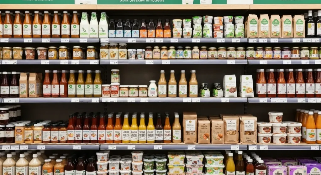 Un raft de supermarket cu diverse produse alimentare ambalate în materiale ecologice, fără plastic.
