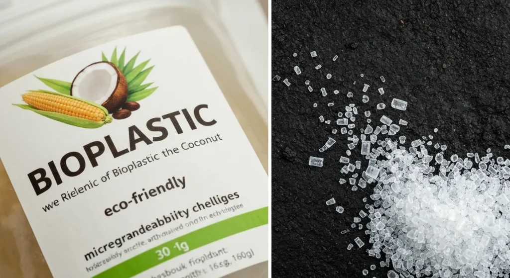 Imagine apropiată a unui produs din bioplastic, evidențiind materialele din care este făcut și fragmente mici de plastic împrăștiate în apropiere.