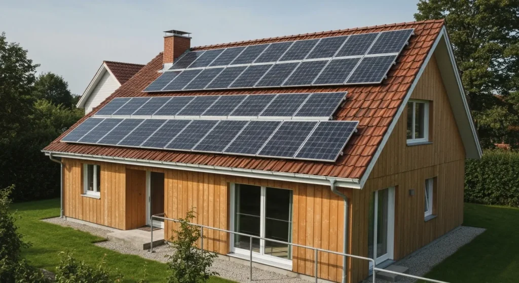 O casă bine izolată, cu panouri solare pe acoperiș, ilustrând eficiența energetică a unei clădiri.