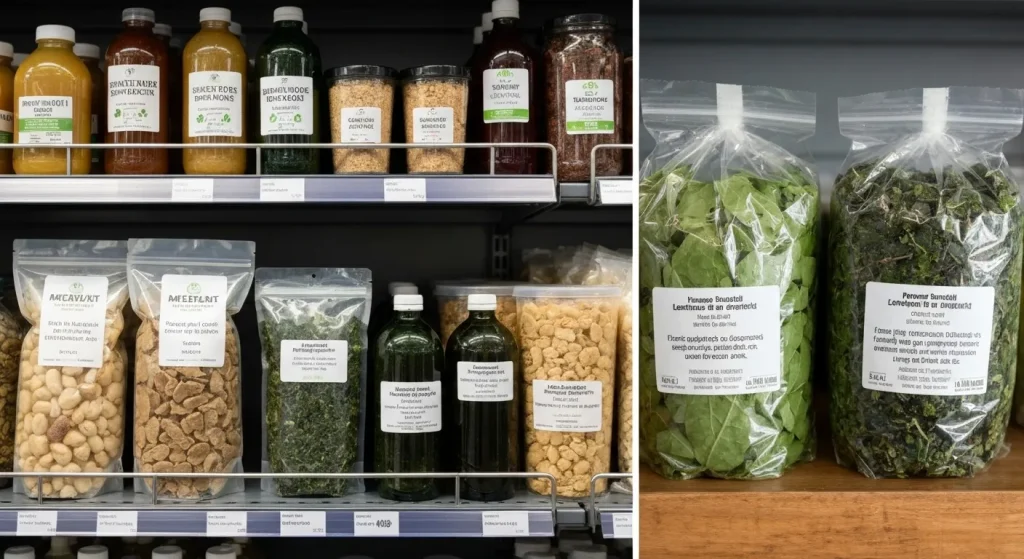 Raft de supermarket cu produse ambalate în materiale compostabile, alături de produse ambalate în plastic tradițional.