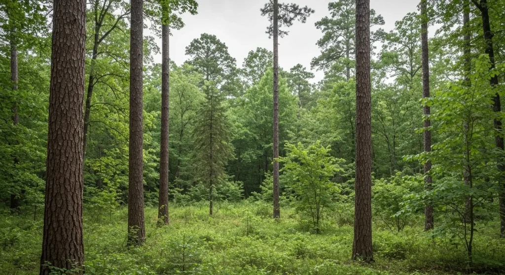 O pădure matură, densă, cu o varietate de specii de arbori și vegetație de subpădure.