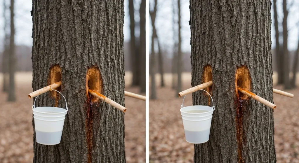 Un arbore de arțar cu găuri pentru colectarea sevei, recipiente atașate la copac și un fundal de pădure.