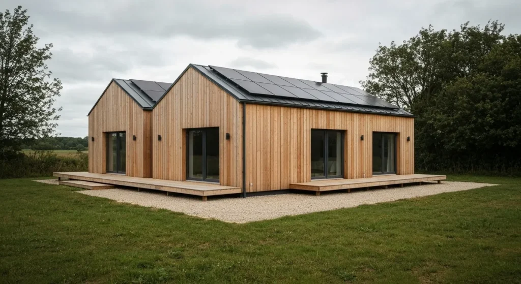 O casă modernă, construită din lemn, cu design minimalist și panouri solare pe acoperiș.