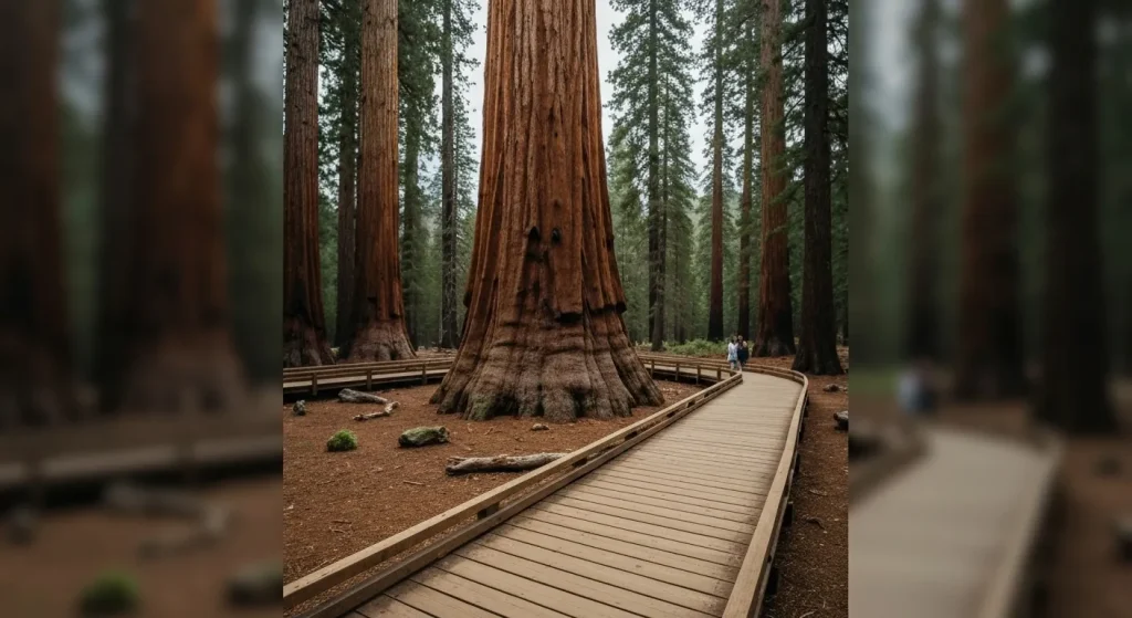 Un grup de arbori sequoia uriași în Parcul Național Yosemite, cu poteci de lemn și vegetație în jur.