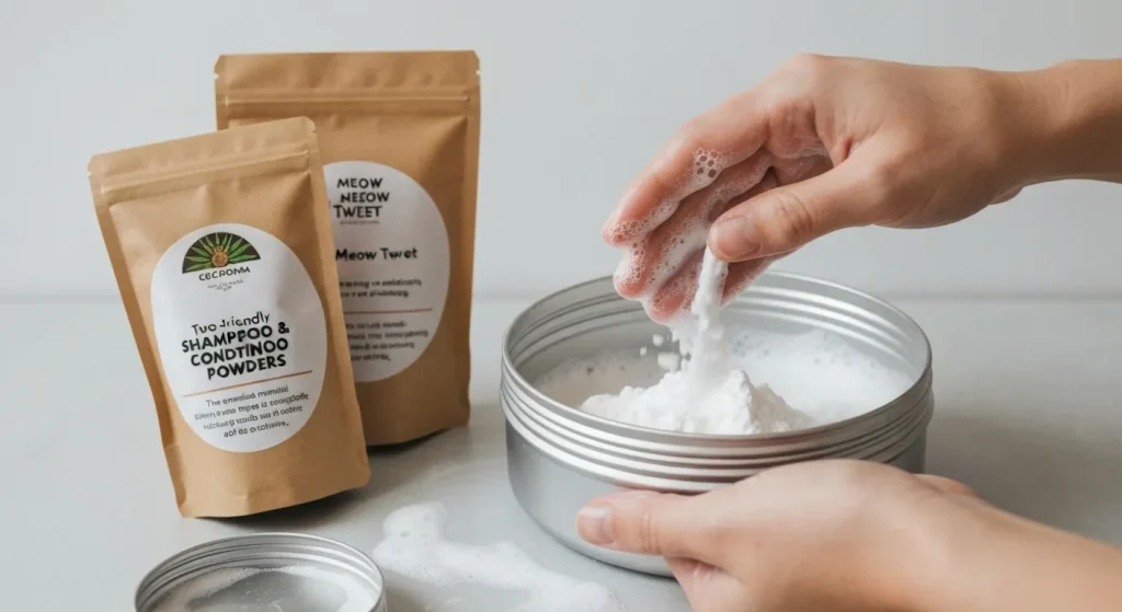 Pudră de șampon și balsam ecologică în recipient de hârtie și aluminiu, alături de un recipient shaker.