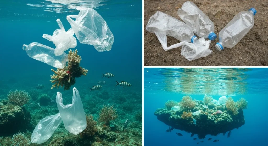 Deșeuri de plastic, inclusiv pungi și sticle, în ocean, alături de imagini cu viața marină afectată.