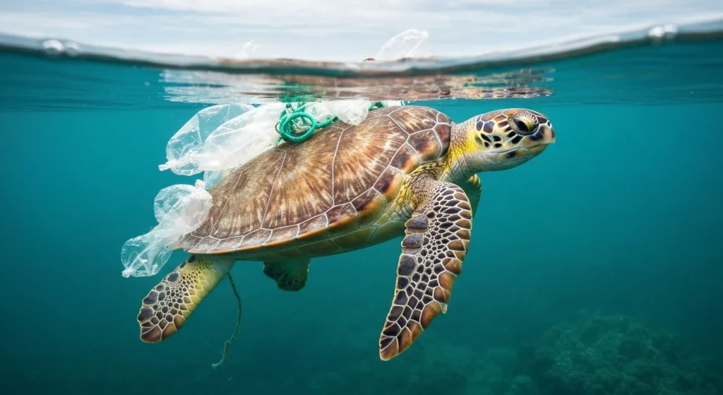 O țestoasă marină la suprafața apei, cu o bucată de plastic vizibilă în apropierea ei.