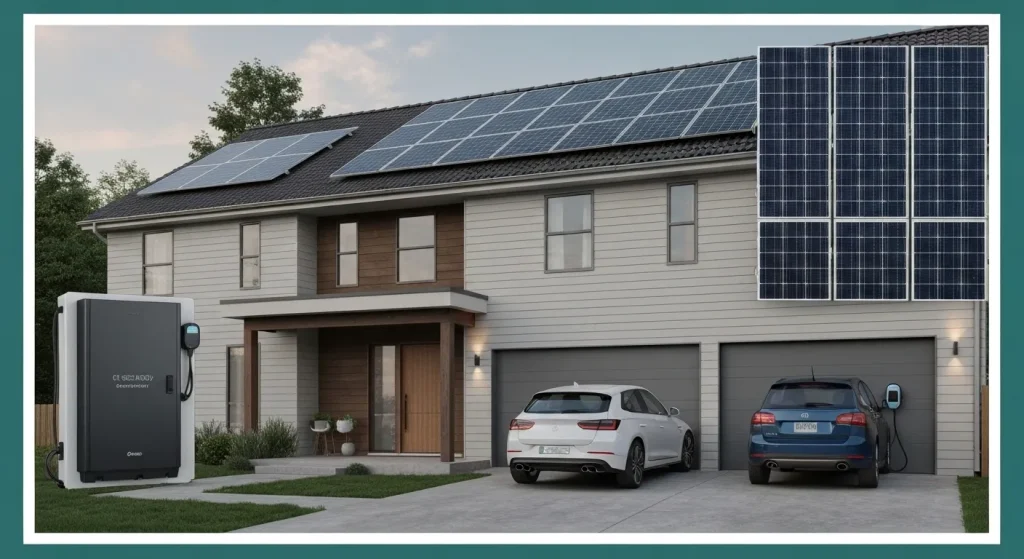 O casă modernă cu panouri solare pe acoperiș, o mașină electrică încărcată într-un garaj și o baterie pentru stocarea energiei.