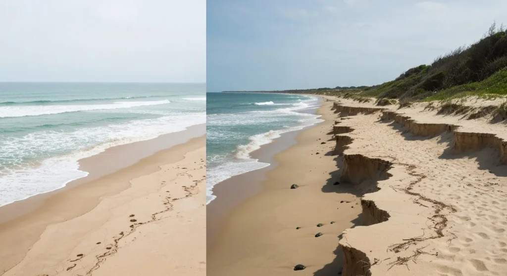 O comparație între o plajă largă, intactă și o altă plajă erodată sever, cu o diferență evidentă în lățimea plajei.