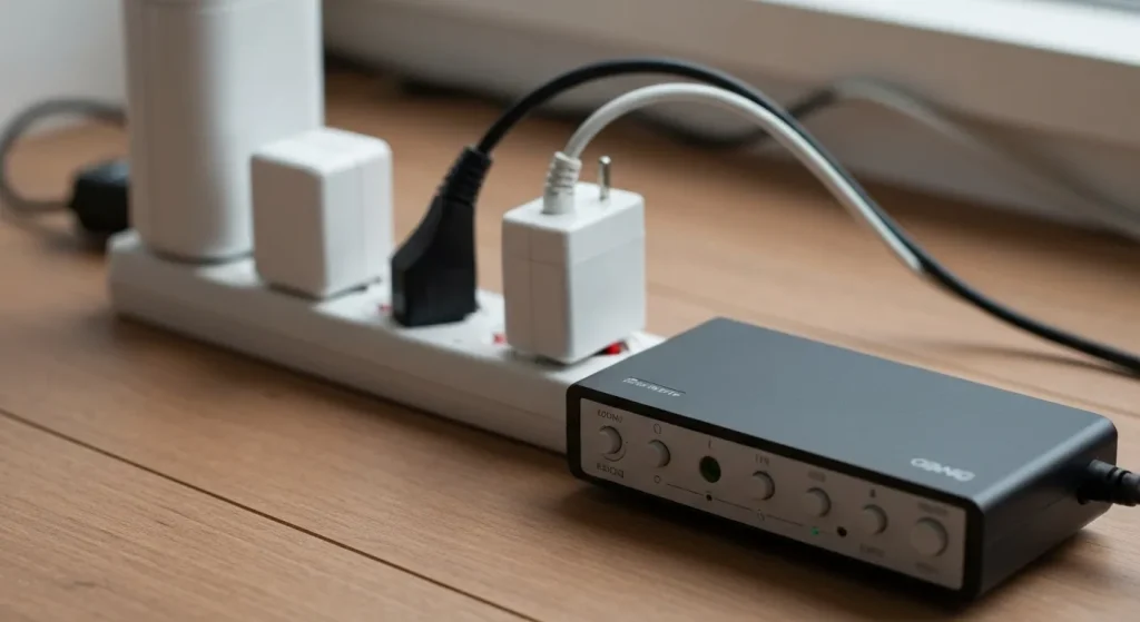Un prim-plan al unui set-top box de televiziune prin cablu conectat la un televizor și la o priză electrică.