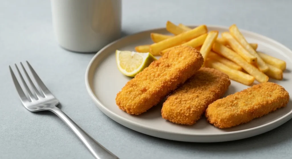 Fileuri vegane din mycoproteină și alge marine, asemănătoare cu peștele prăjit.