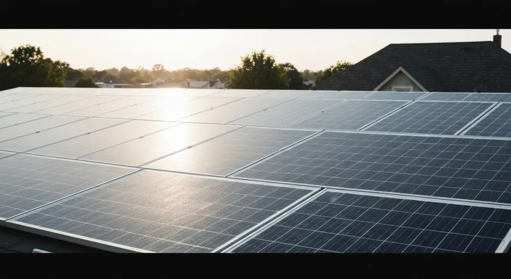 Un sistem de panouri solare montate pe un acoperiș, cu soarele strălucind.
