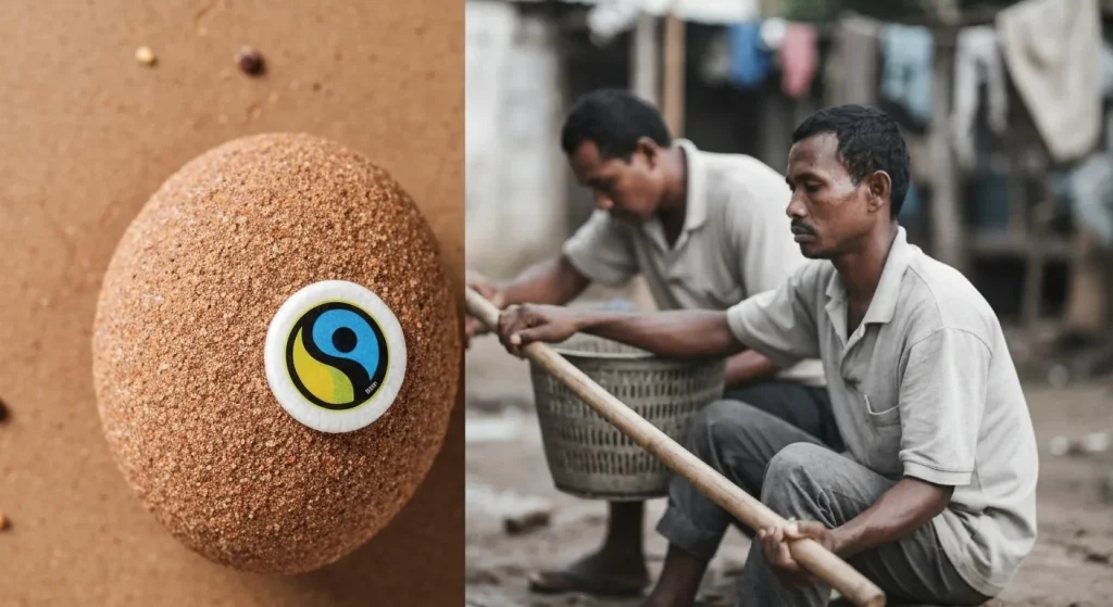 O imagine care prezintă un contrast între un produs cu etichetă Fairtrade și condițiile de muncă precare ale producătorilor săi.