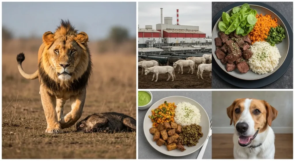 Un leu vânează prada sa într-un peisaj sălbatic, în contrast cu imagini ale fermelor industriale și un bol cu mâncare vegană.