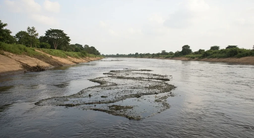 Un râu poluat din Nigeria, cu semne de degradare a mediului, înconjurat de vegetație de mal.