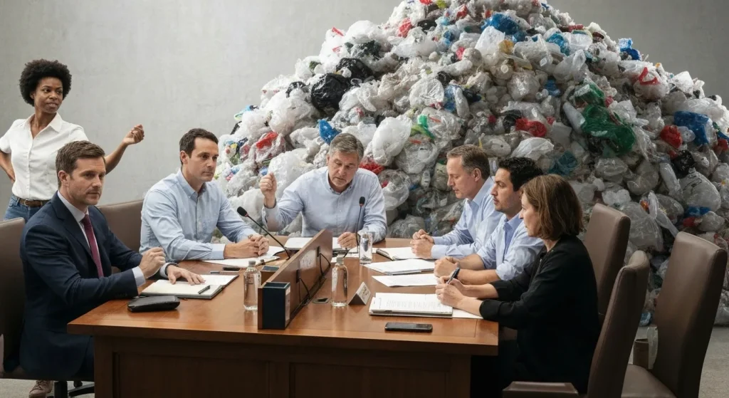 O ședință a consiliului municipal, cu cetățeni care protestează împotriva utilizării materialelor plastice de unică folosință și un teanc de deșeuri plastice în fundal.