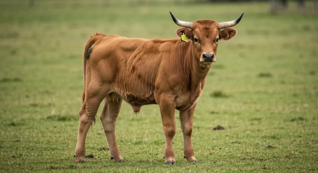 Un vițel, rezultat al încrucișării unei vaci gri maghiare și a unui taur Sayaguesa, seamănă cu un tur european.